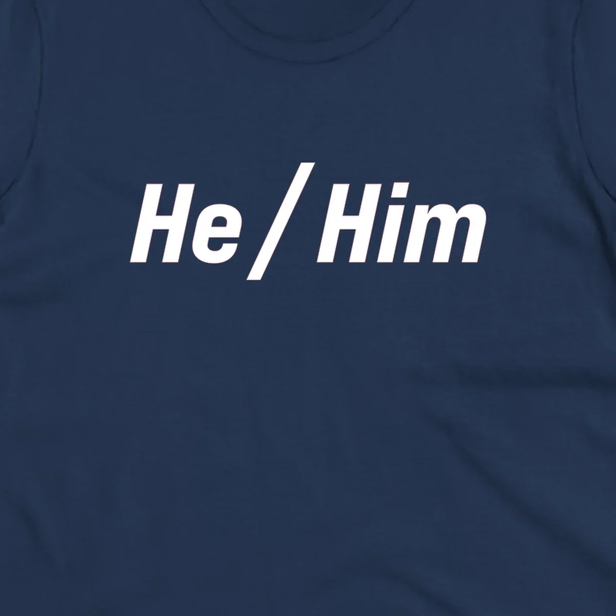 Bold white text reading 'He / Him' with forward slash on gray background for pronoun pride awareness