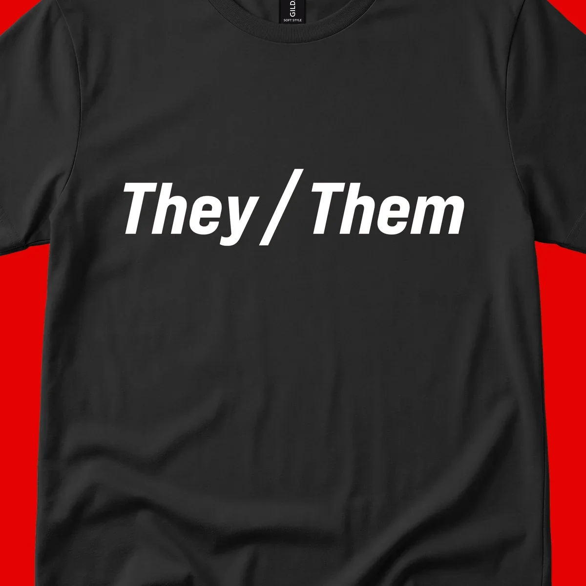 Bold white text reading 'They / Them' on gray background, a minimalist pronoun statement design
