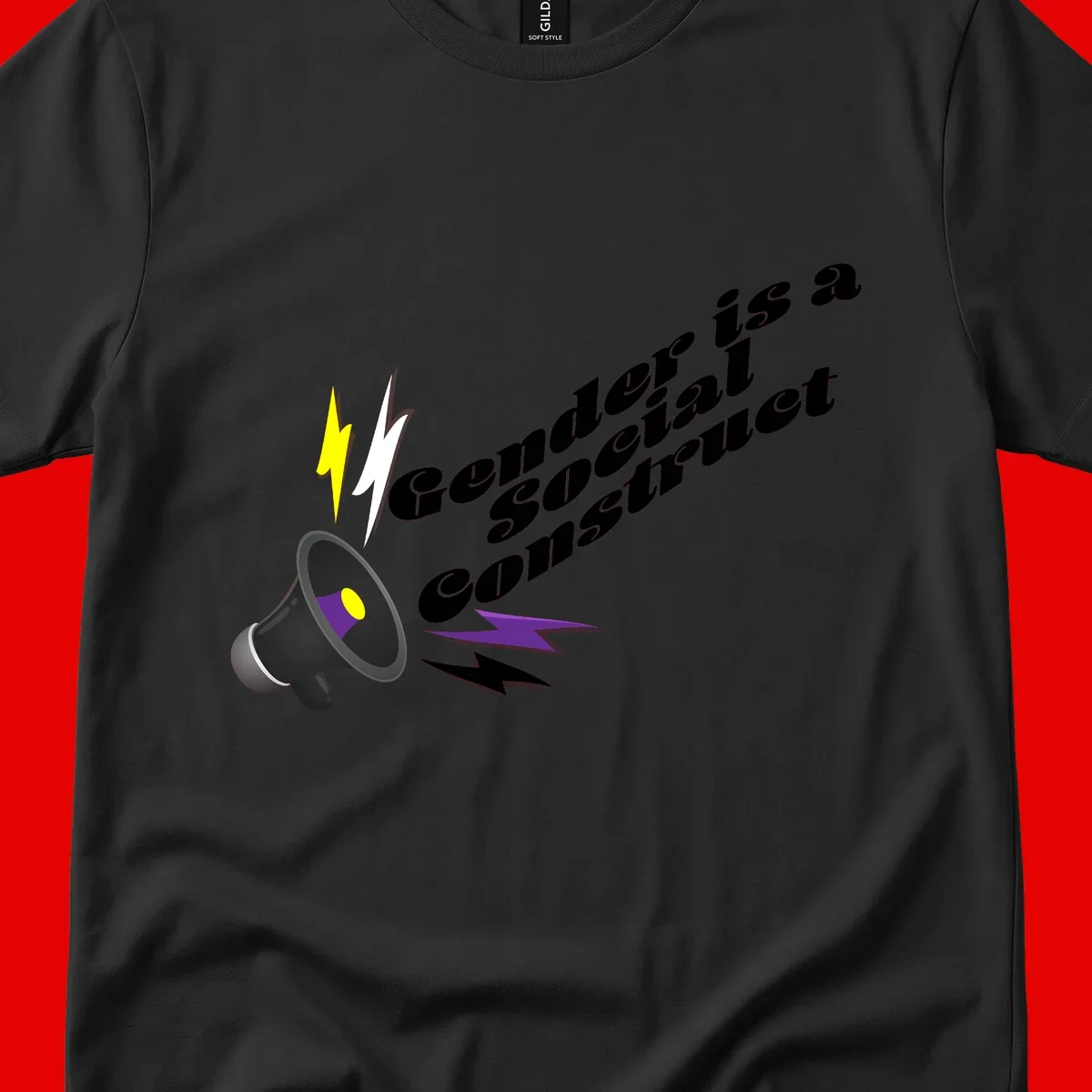 Megaphone with yellow and purple sound waves and lightning bolts next to text reading 'Comedian Special Announcement' in italicized black lettering on gray background