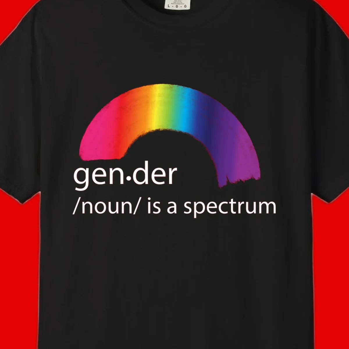 Rainbow arc with text 'gen.der /noun/ is a spectrum' celebrating gender diversity and LGBTQ pride