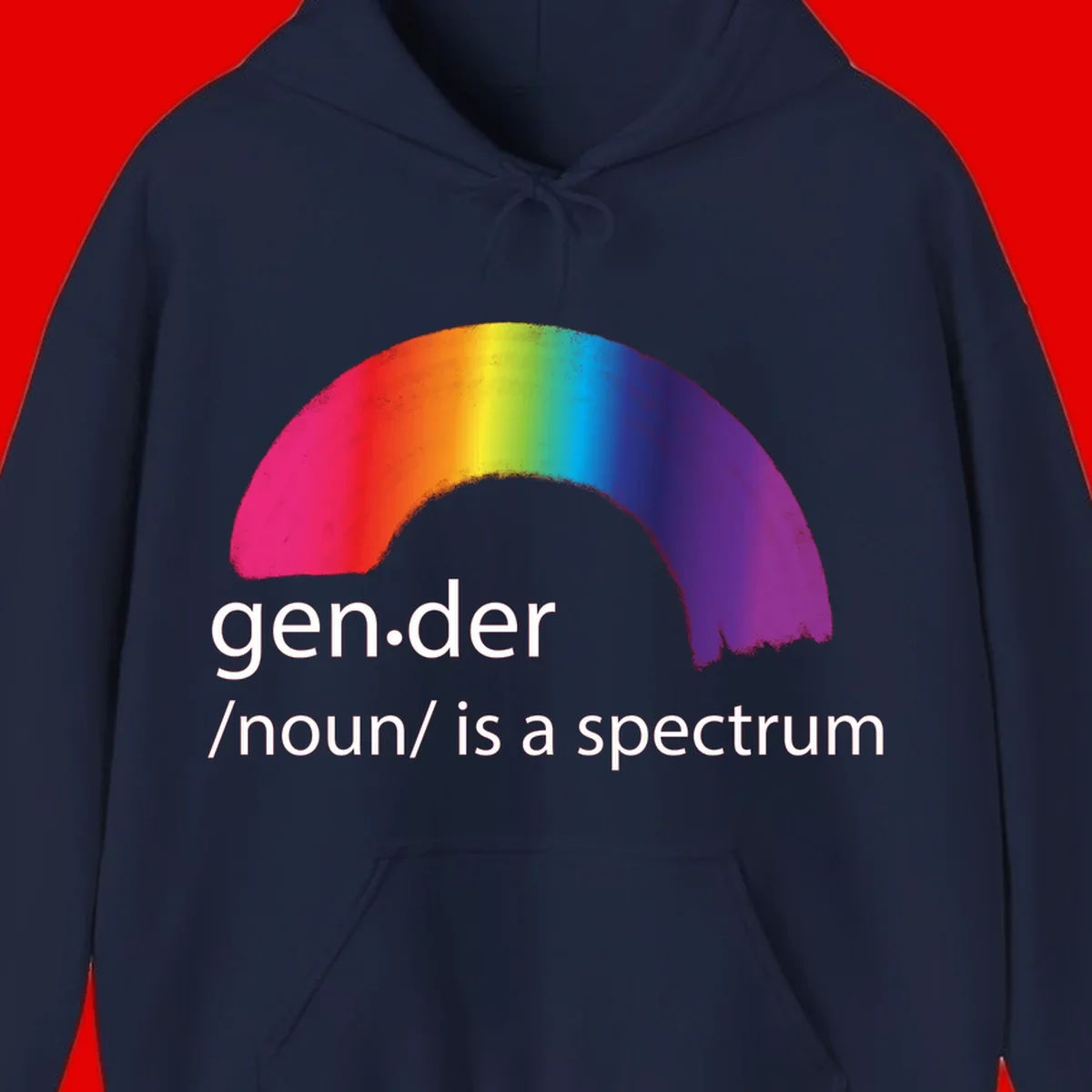 Rainbow arc with text 'gen.der /noun/ is a spectrum' celebrating gender diversity and LGBTQ pride