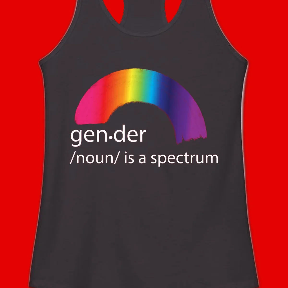 Rainbow arc with text 'gen.der /noun/ is a spectrum' celebrating gender diversity and LGBTQ pride