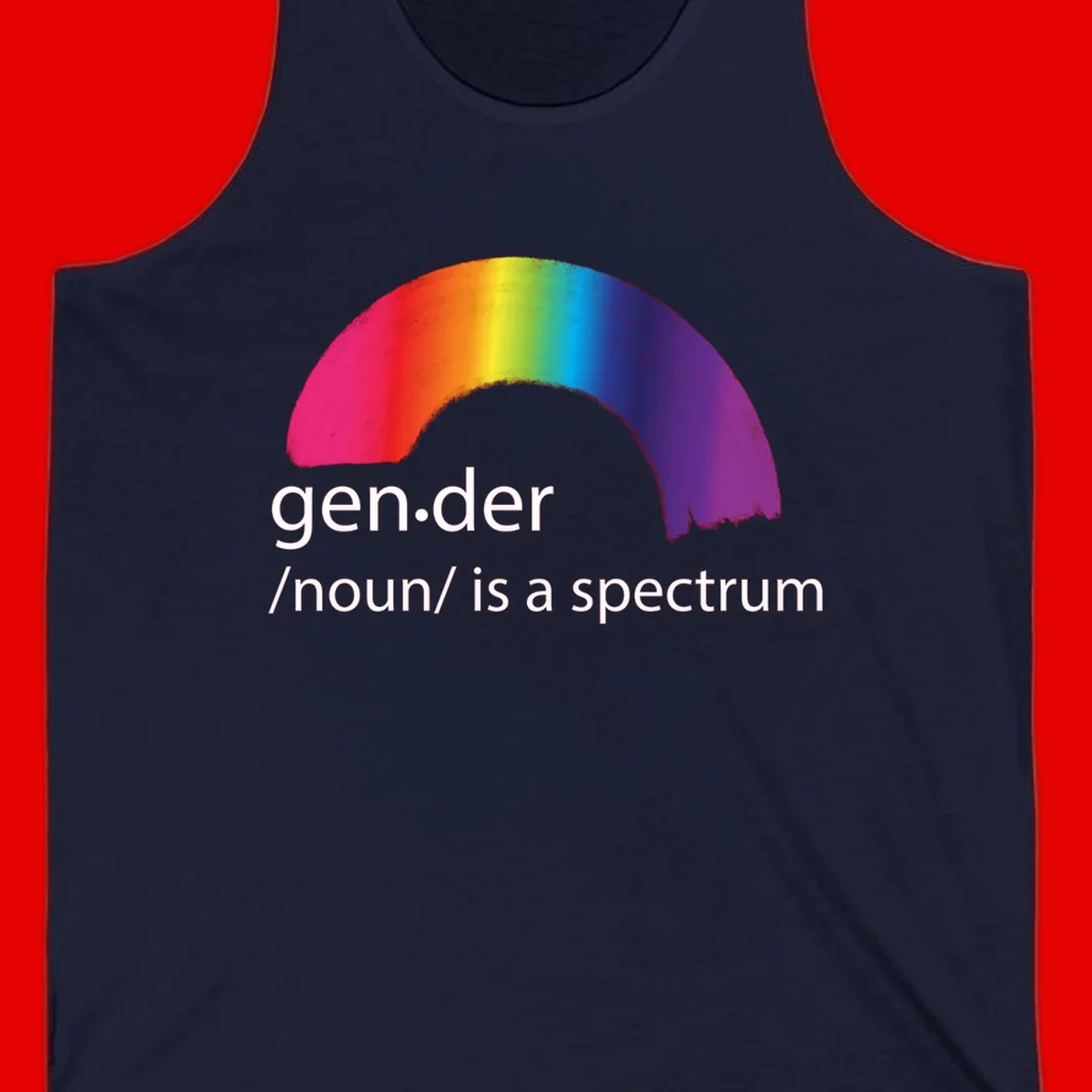 Rainbow arc with text 'gen.der /noun/ is a spectrum' celebrating gender diversity and LGBTQ pride