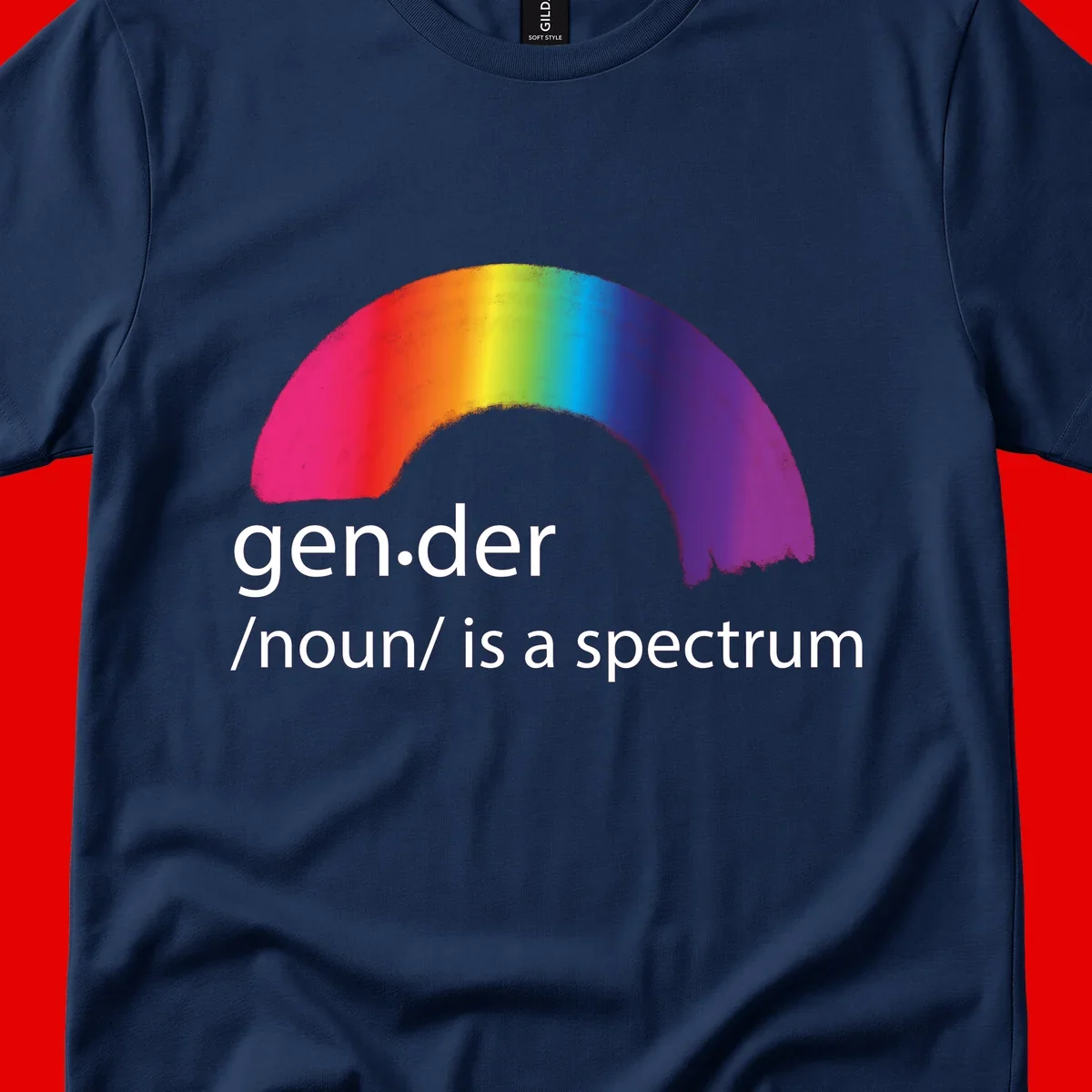 Rainbow arc with text 'gen.der /noun/ is a spectrum' celebrating gender diversity and LGBTQ pride