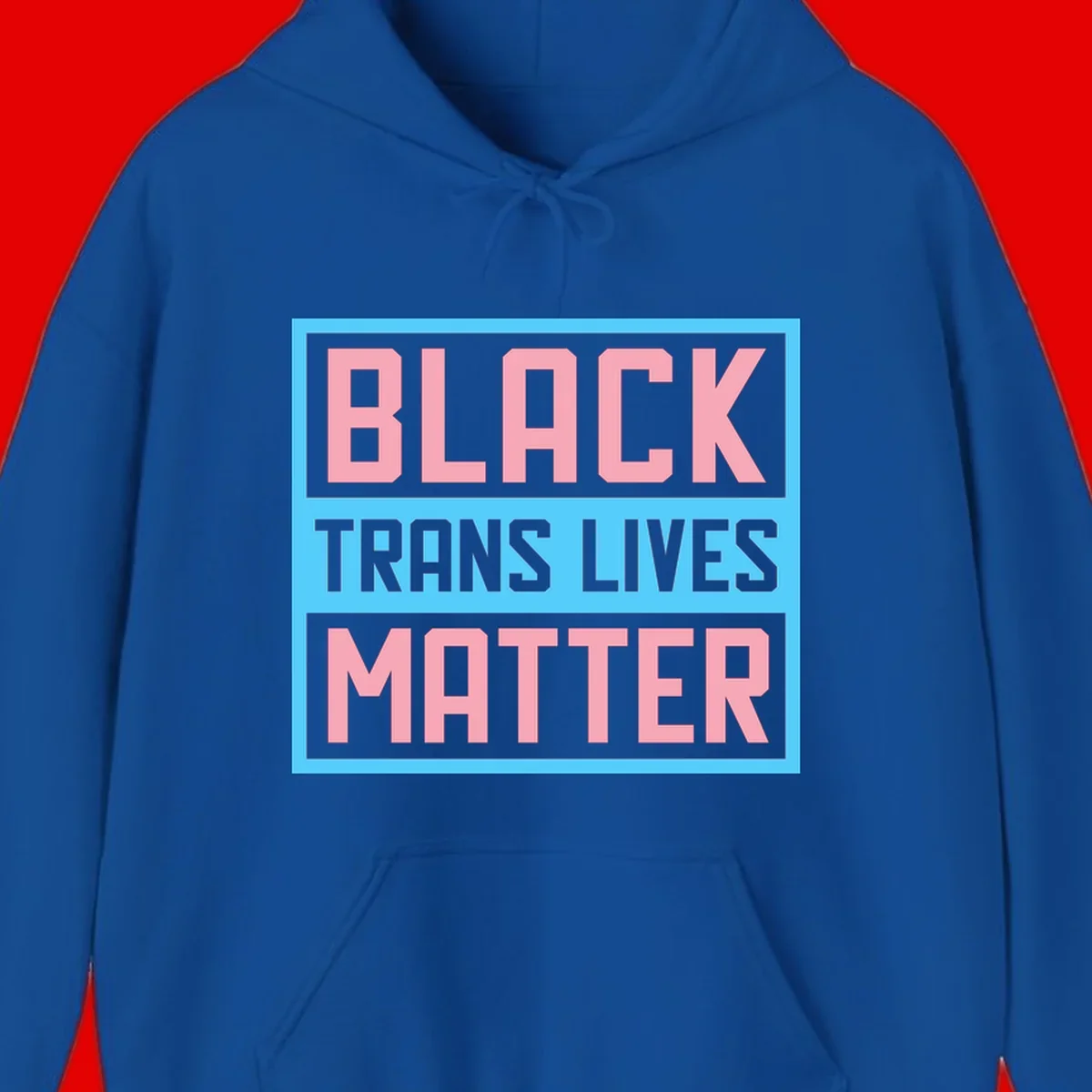 Bold pink block letters spelling 'BLACK TRANS LIVES MATTER' on light blue and gray background