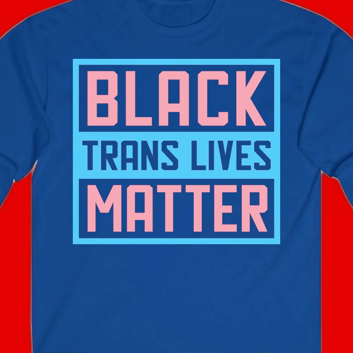 Bold pink block letters spelling 'BLACK TRANS LIVES MATTER' on light blue and gray background