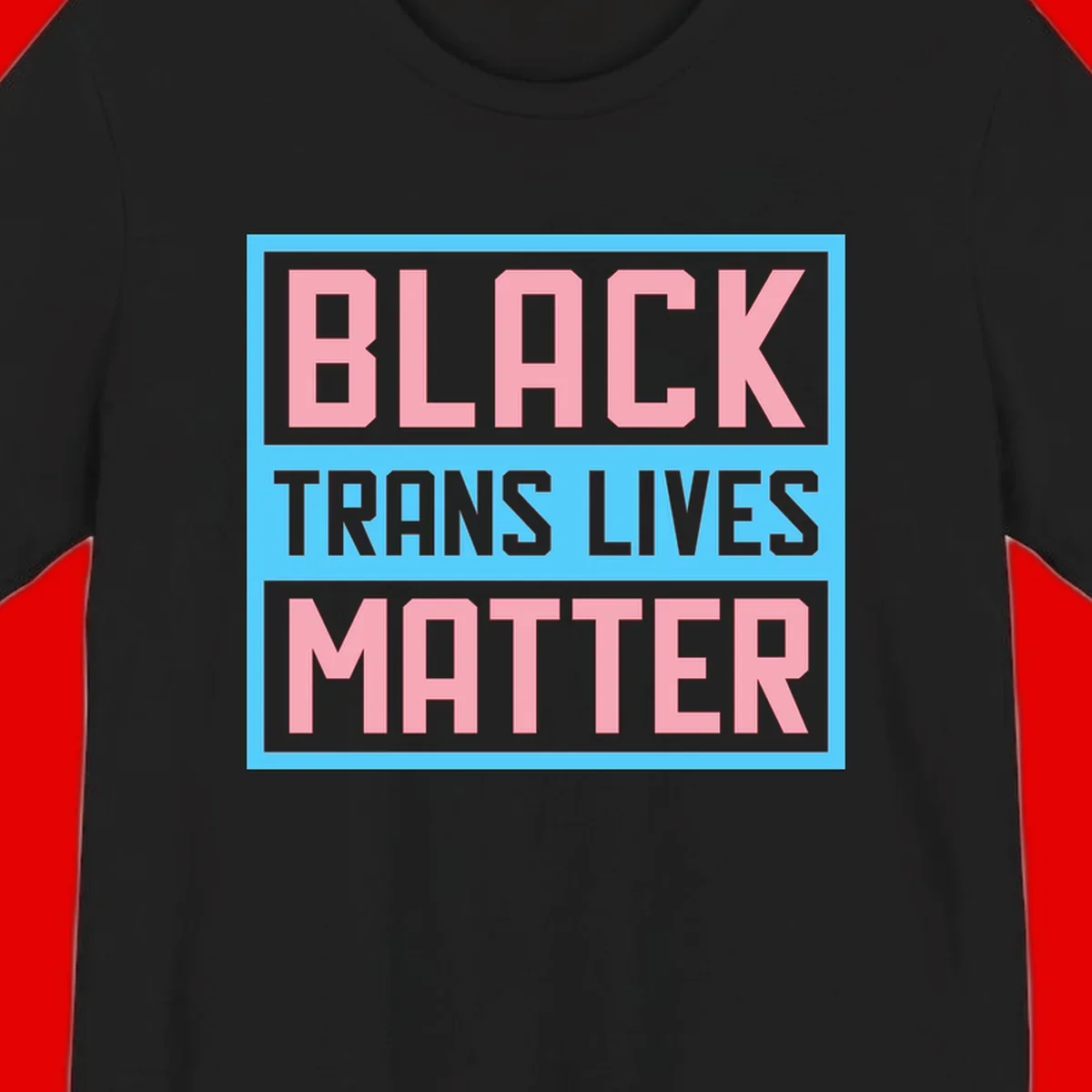 Bold pink block letters spelling 'BLACK TRANS LIVES MATTER' on light blue and gray background