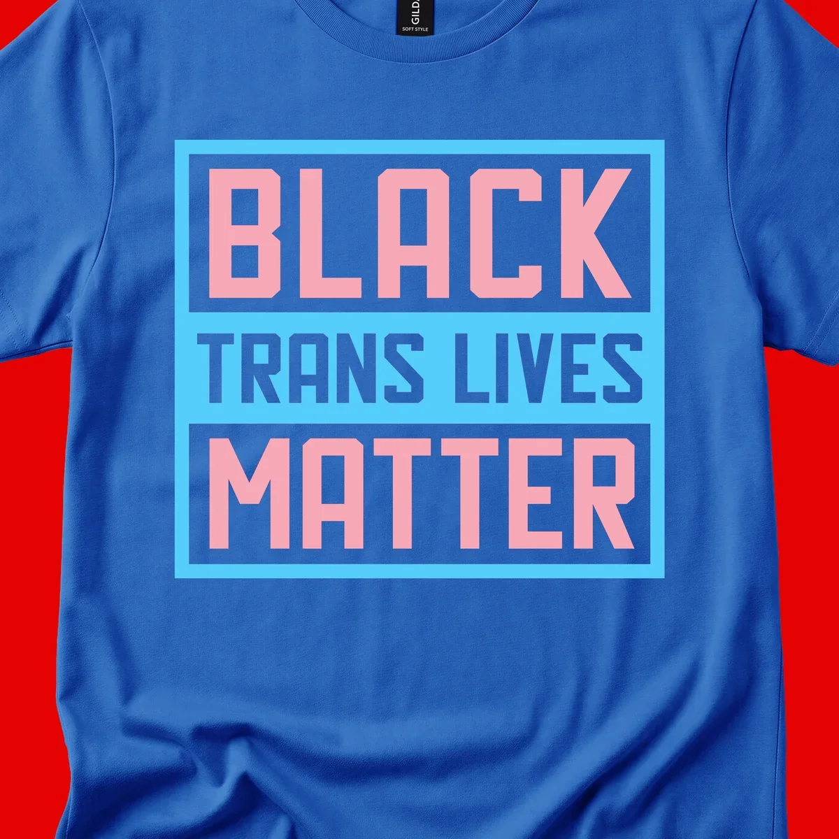 Bold pink block letters spelling 'BLACK TRANS LIVES MATTER' on light blue and gray background