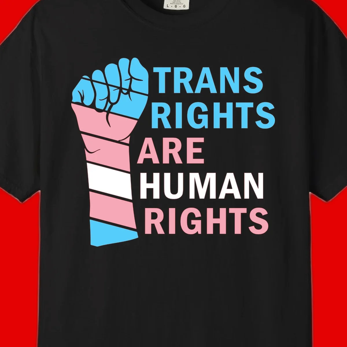 Raised fist in trans flag colors (blue, pink, white) with text 'Trans Rights Are Human Rights' promoting equality and pride
