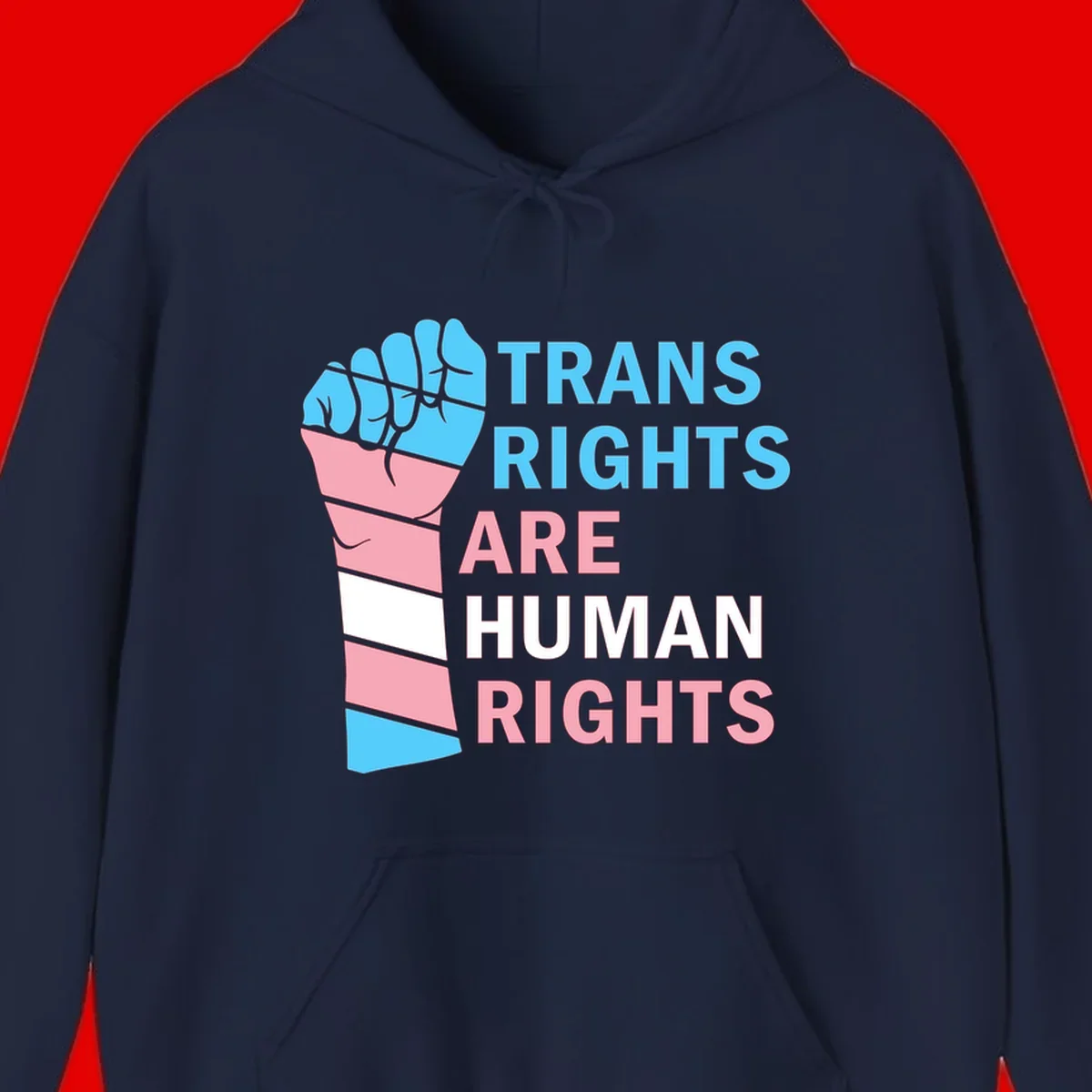 Raised fist in trans flag colors (blue, pink, white) with text 'Trans Rights Are Human Rights' promoting equality and pride