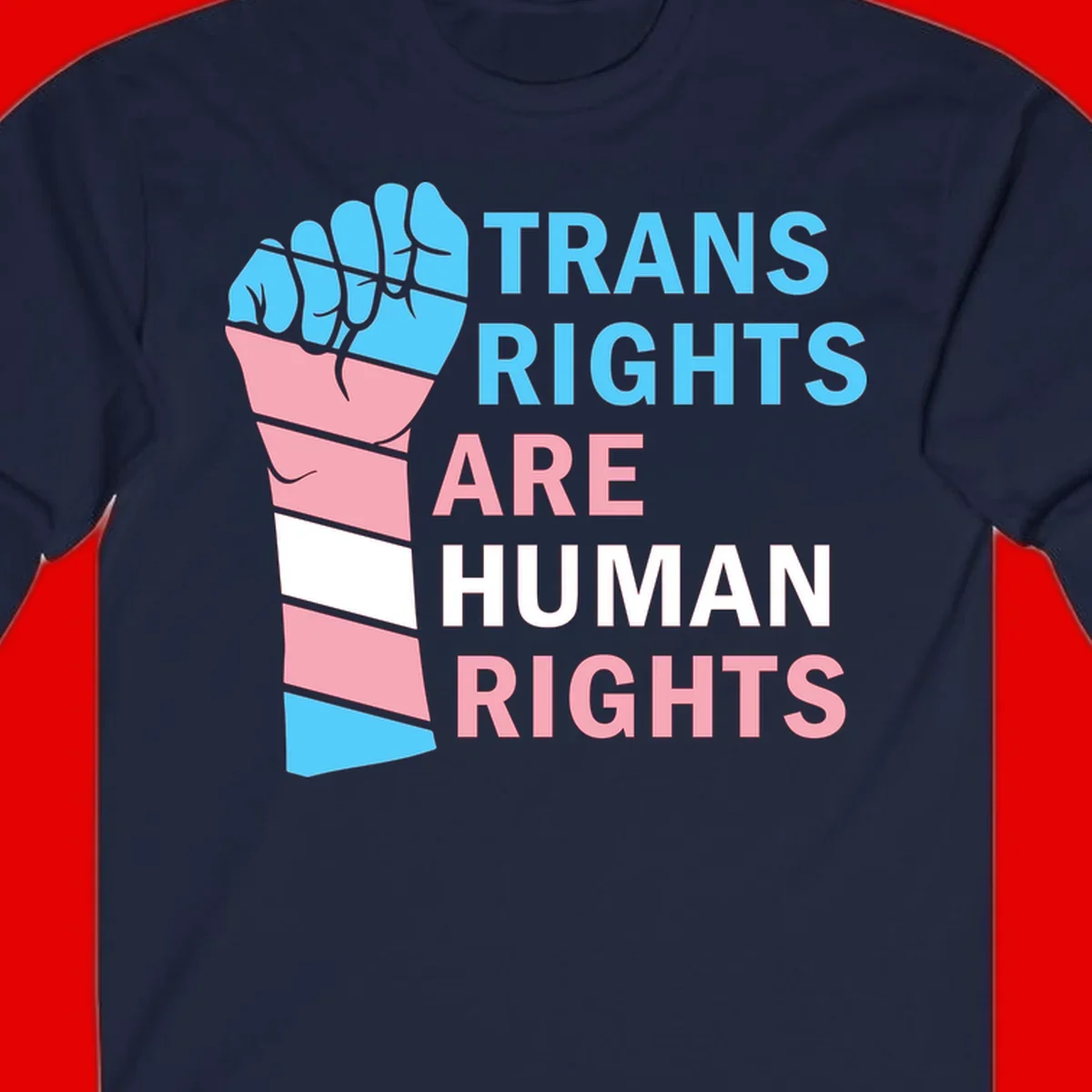Raised fist in trans flag colors (blue, pink, white) with text 'Trans Rights Are Human Rights' promoting equality and pride