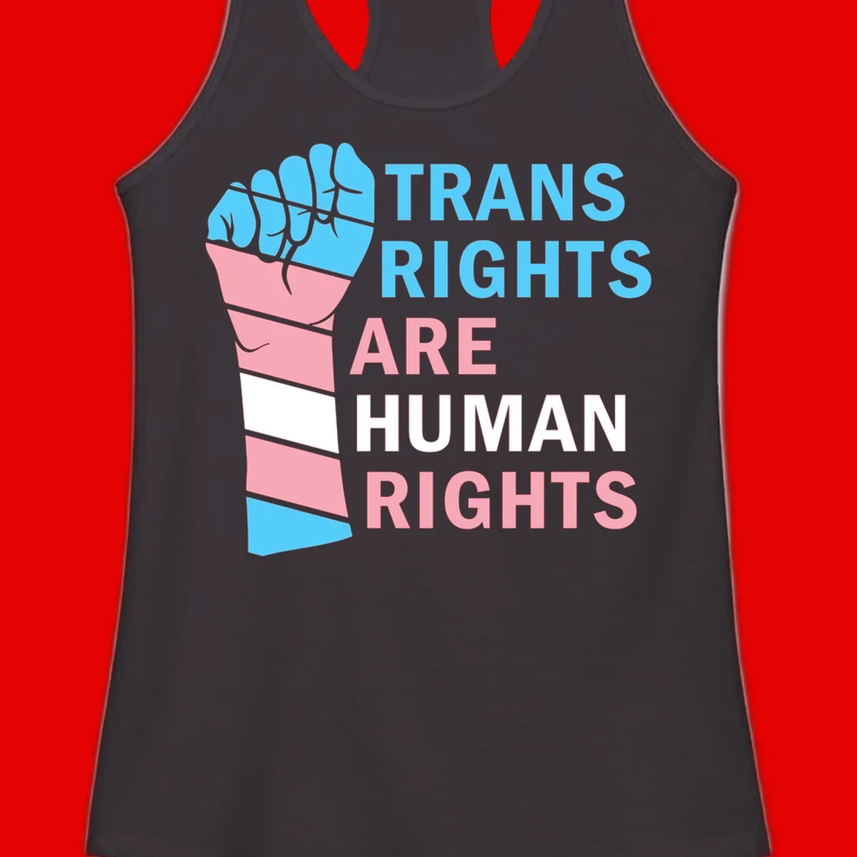 Raised fist in trans flag colors (blue, pink, white) with text 'Trans Rights Are Human Rights' promoting equality and pride