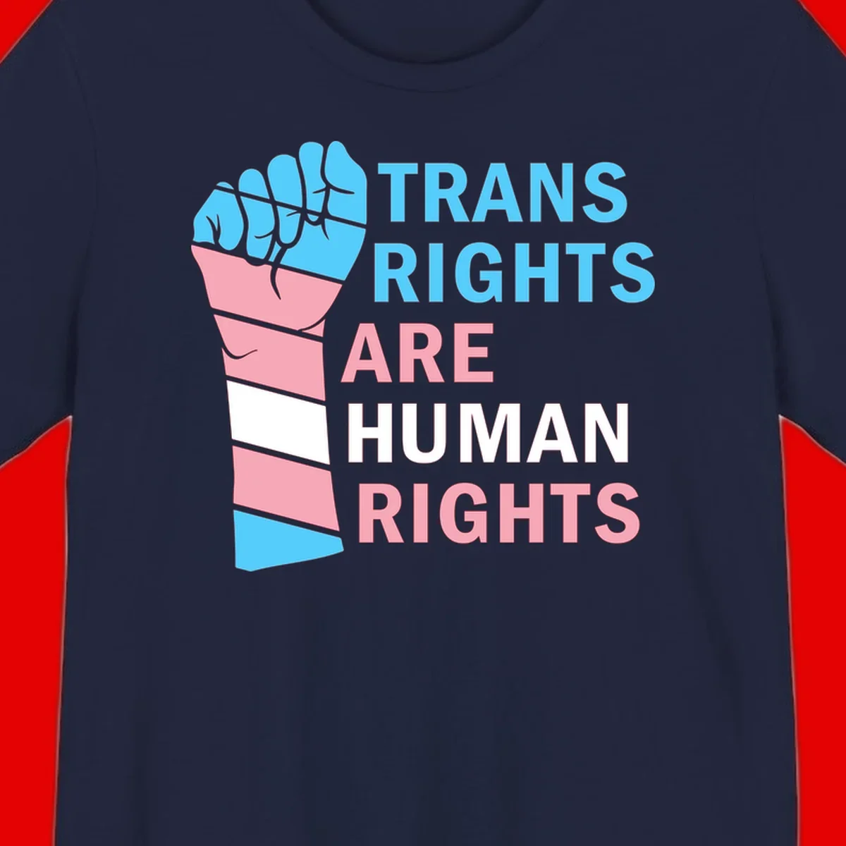 Raised fist in trans flag colors (blue, pink, white) with text 'Trans Rights Are Human Rights' promoting equality and pride