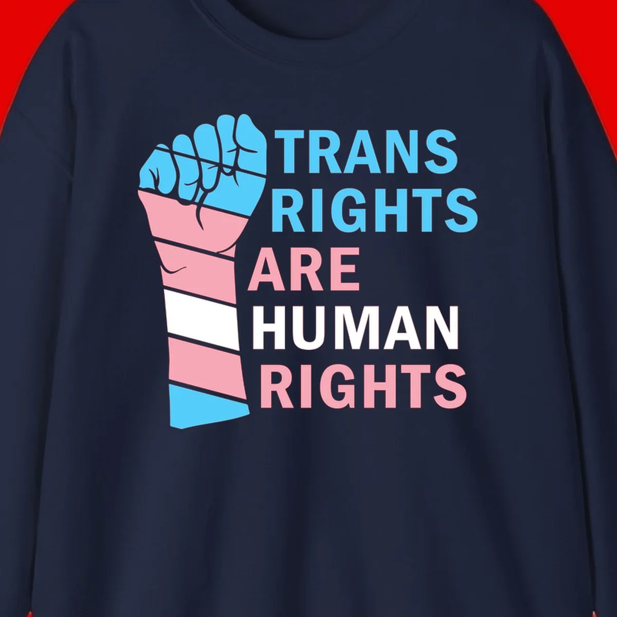 Raised fist in trans flag colors (blue, pink, white) with text 'Trans Rights Are Human Rights' promoting equality and pride
