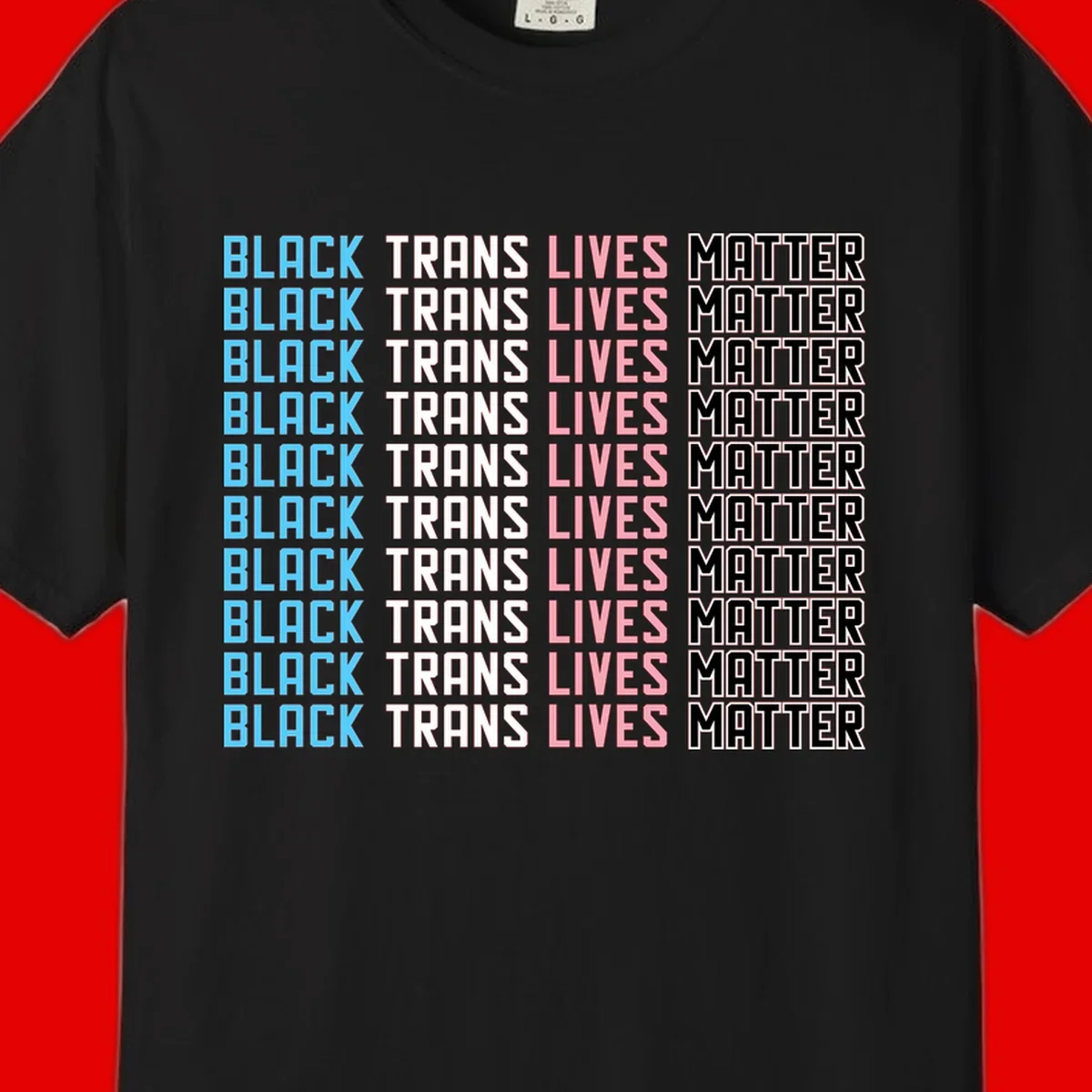 Black trans lives matter repeating text pattern in blue, white, pink and black on gray background