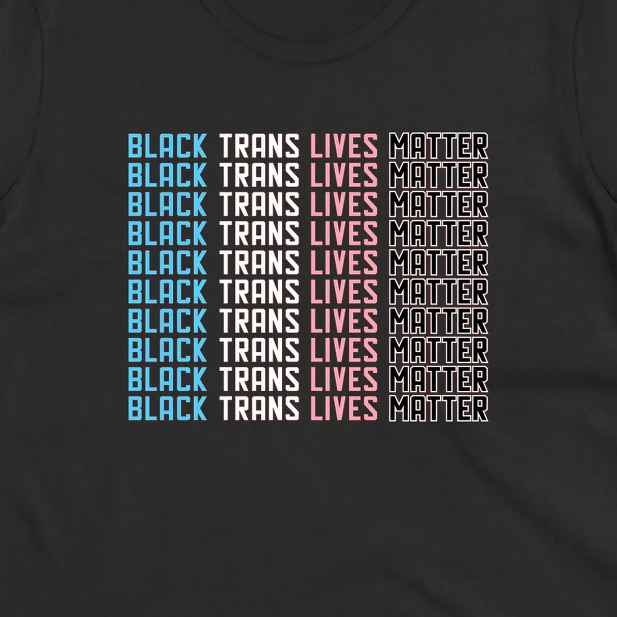 Black trans lives matter repeating text pattern in blue, white, pink and black on gray background