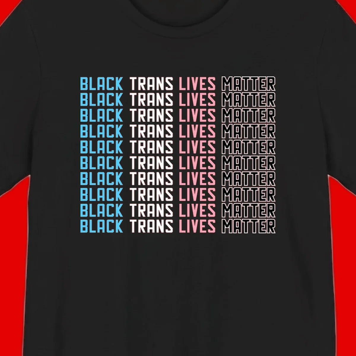Black trans lives matter repeating text pattern in blue, white, pink and black on gray background
