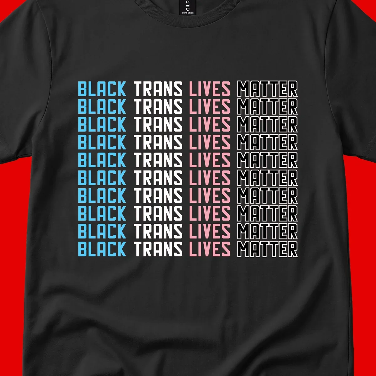 Black trans lives matter repeating text pattern in blue, white, pink and black on gray background