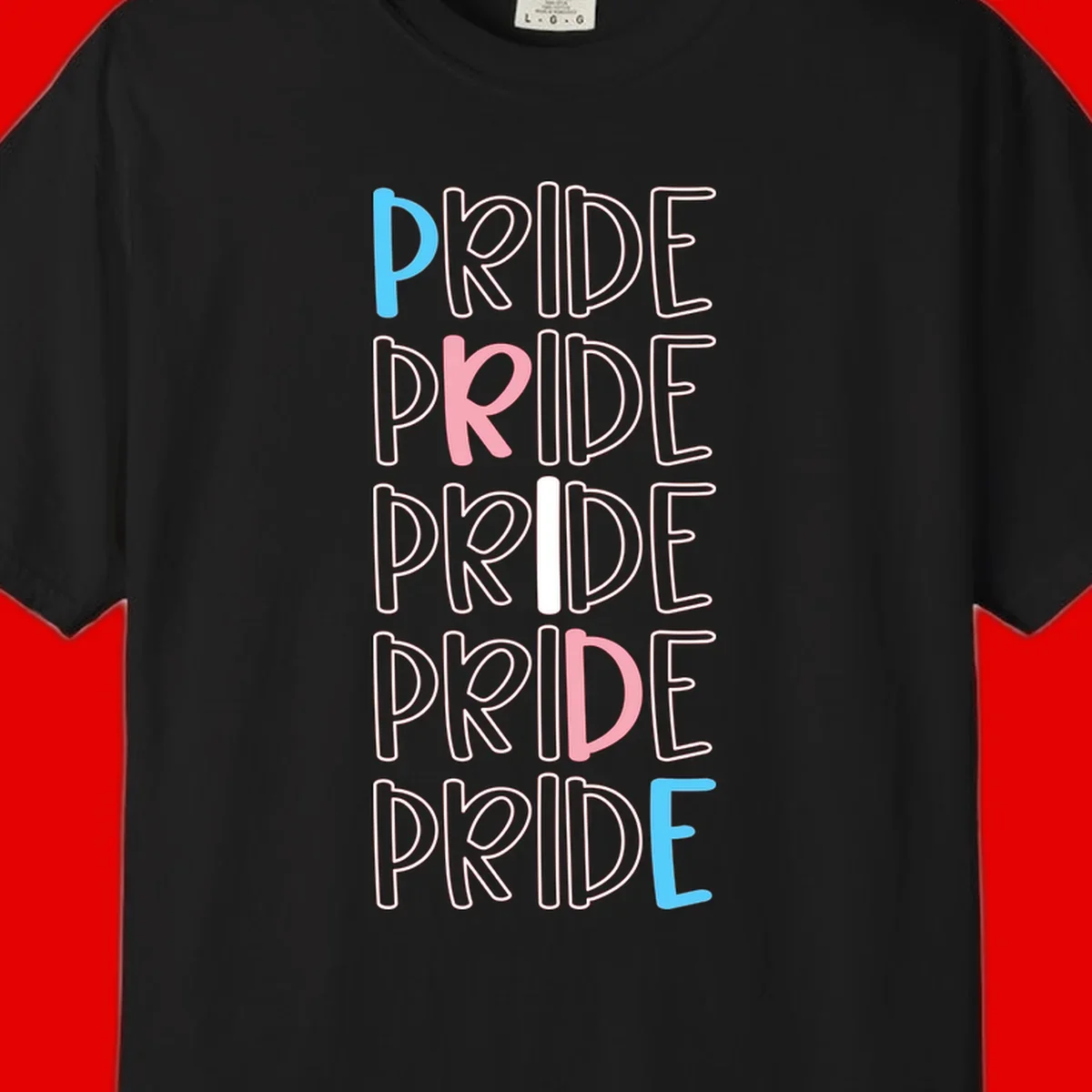 Pride stacked lettering design with the word PRIDE repeated vertically in outlined text with cyan blue and pink accent colors on gray background
