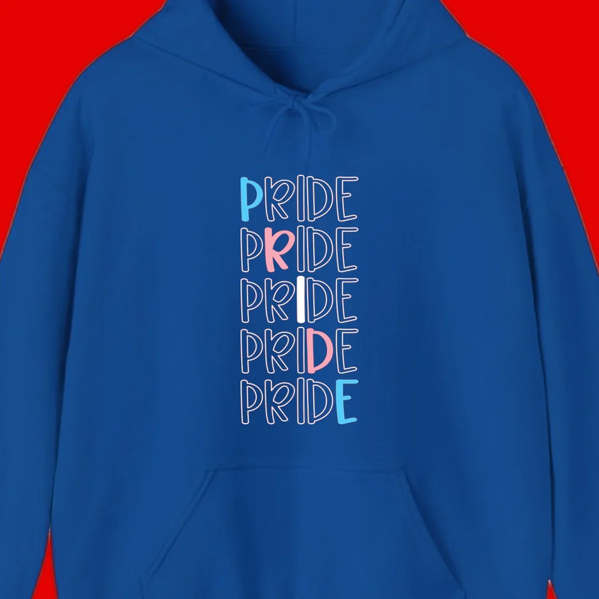 Pride stacked lettering design with the word PRIDE repeated vertically in outlined text with cyan blue and pink accent colors on gray background