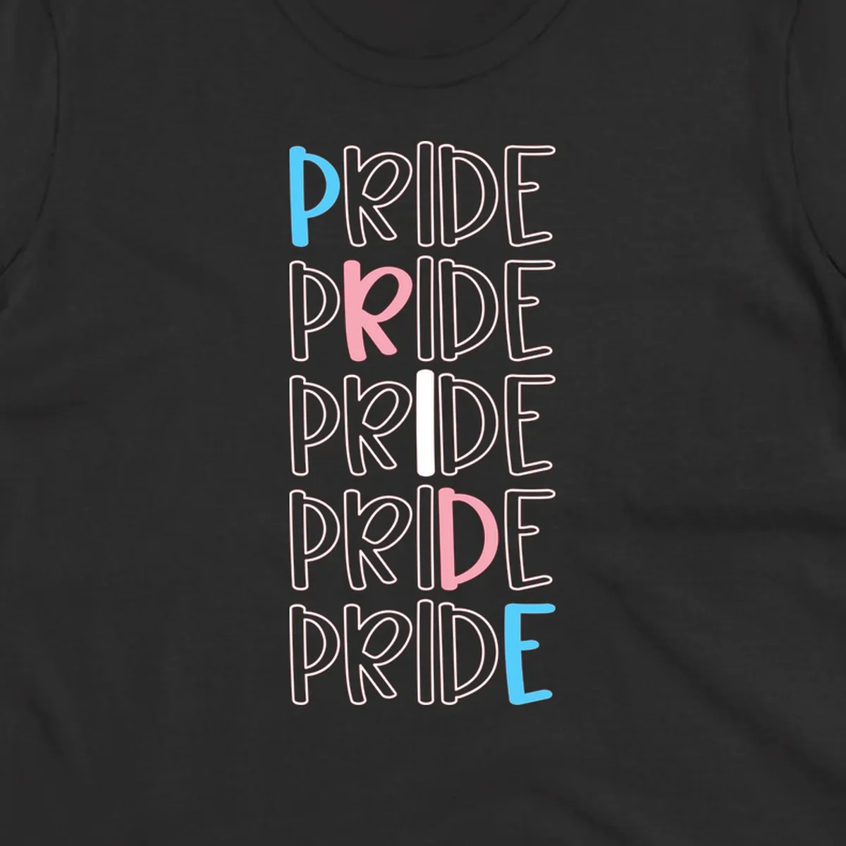 Pride stacked lettering design with the word PRIDE repeated vertically in outlined text with cyan blue and pink accent colors on gray background