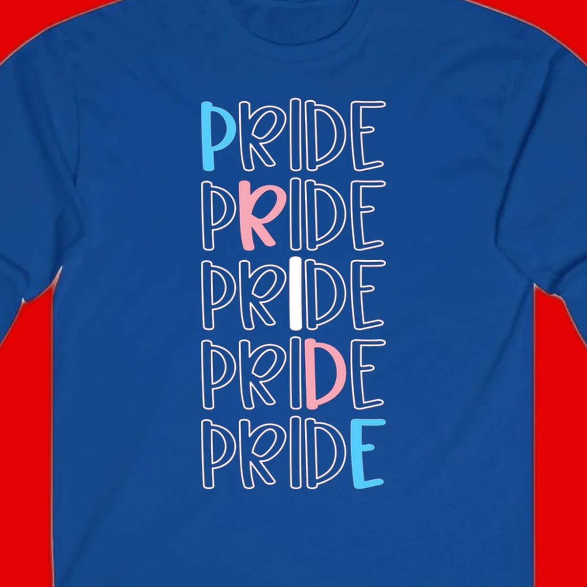 Pride stacked lettering design with the word PRIDE repeated vertically in outlined text with cyan blue and pink accent colors on gray background
