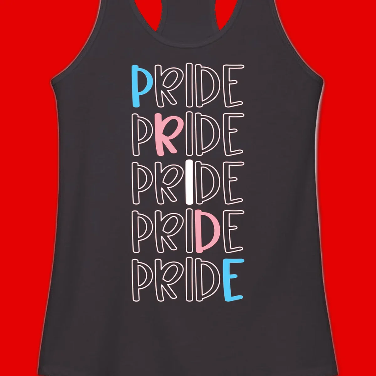 Pride stacked lettering design with the word PRIDE repeated vertically in outlined text with cyan blue and pink accent colors on gray background