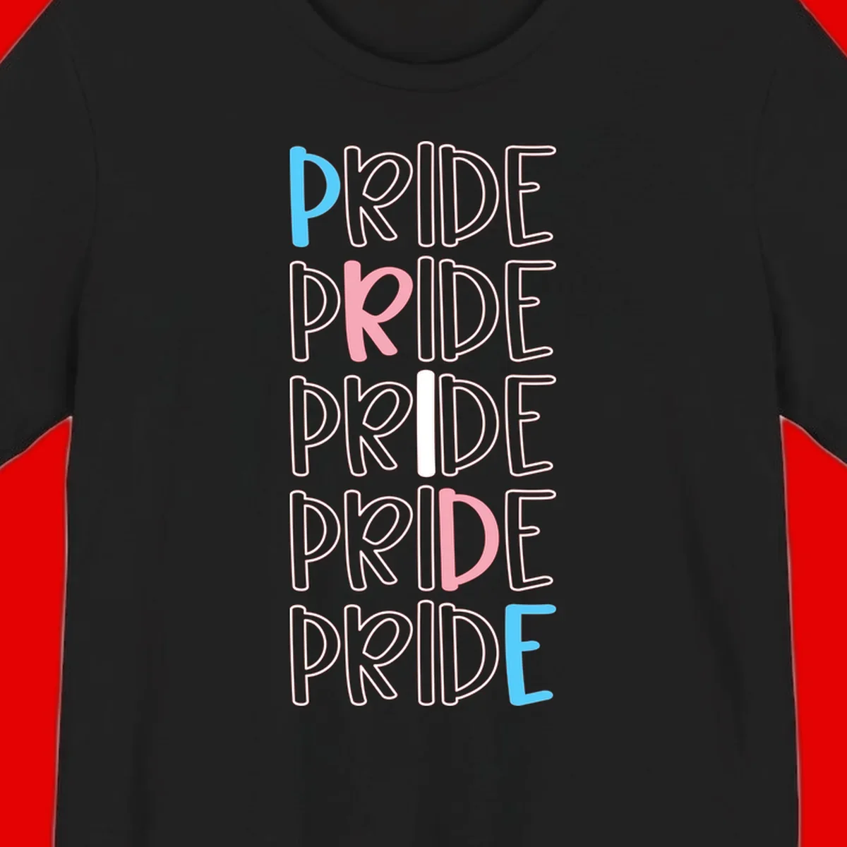 Pride stacked lettering design with the word PRIDE repeated vertically in outlined text with cyan blue and pink accent colors on gray background