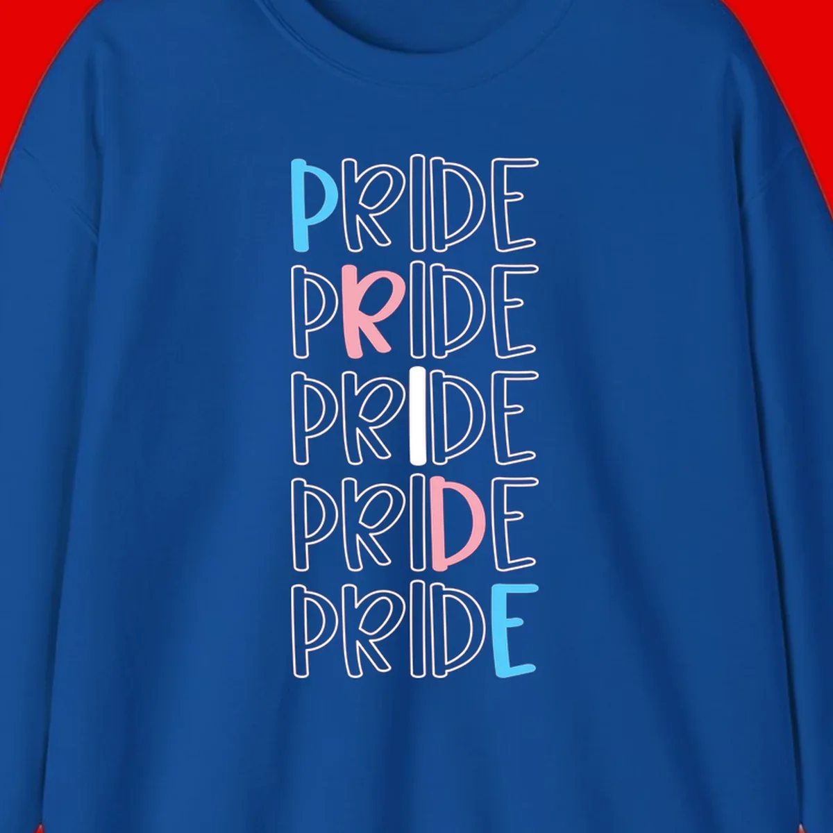 Pride stacked lettering design with the word PRIDE repeated vertically in outlined text with cyan blue and pink accent colors on gray background
