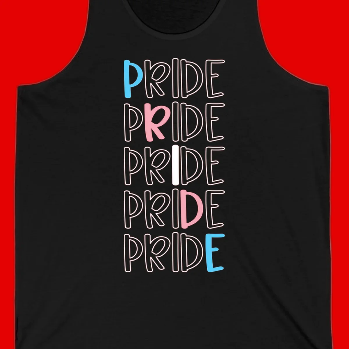 Pride stacked lettering design with the word PRIDE repeated vertically in outlined text with cyan blue and pink accent colors on gray background