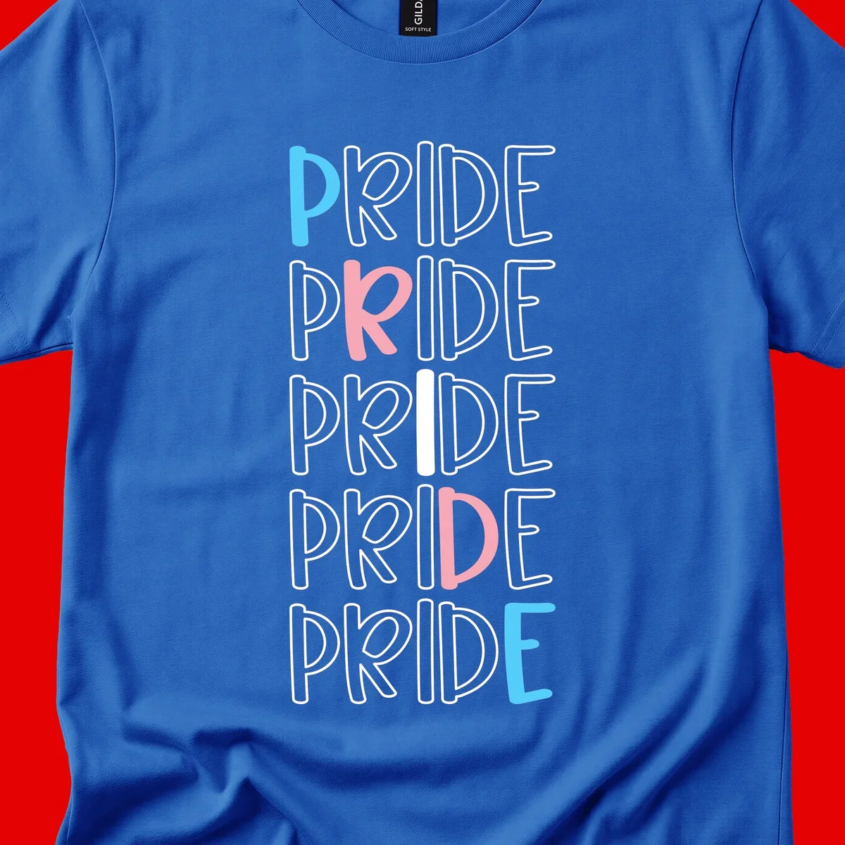 Pride stacked lettering design with the word PRIDE repeated vertically in outlined text with cyan blue and pink accent colors on gray background