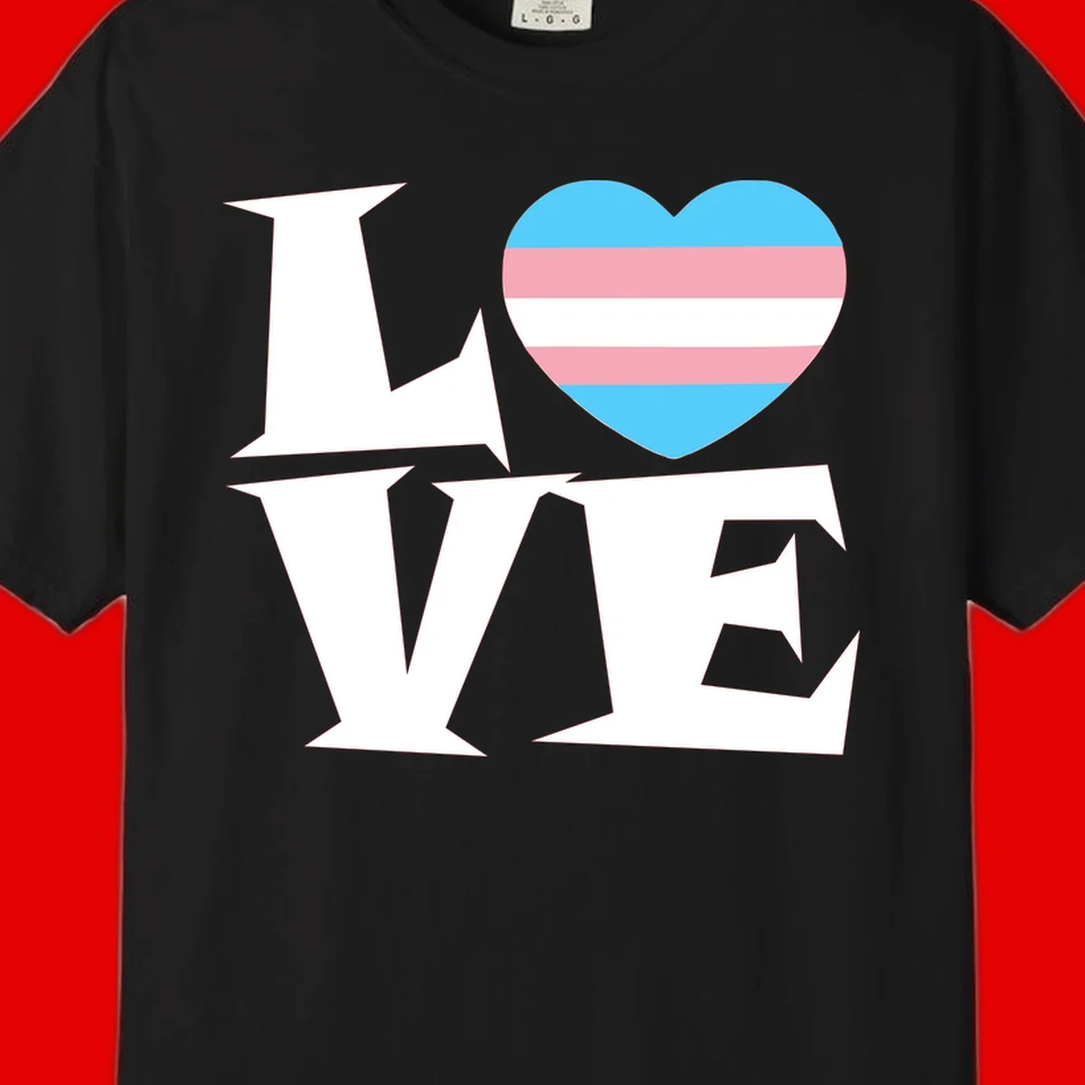 Trans pride heart with cyan, pink, and white stripes next to bold 'Love Wins' text on gray background