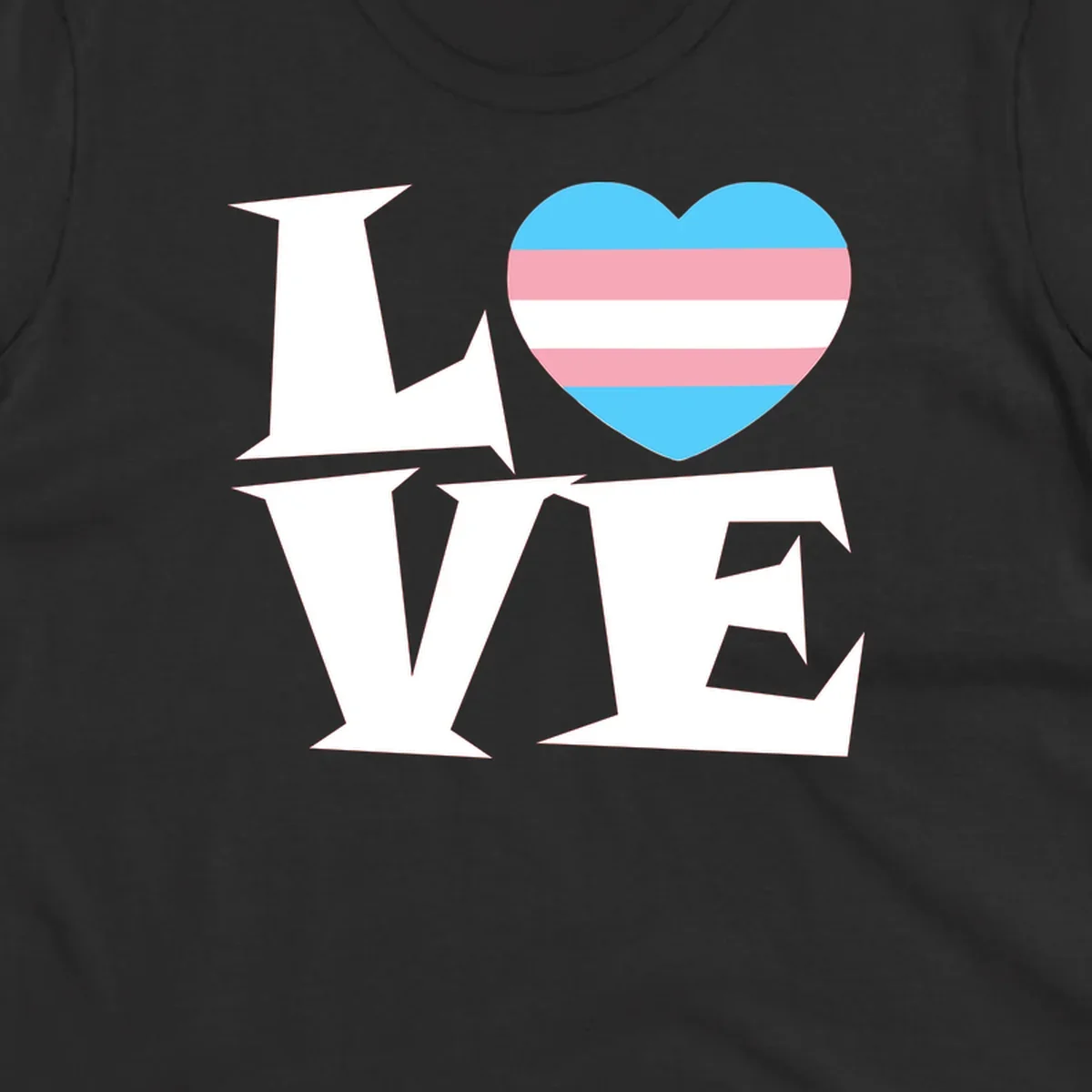 Trans pride heart with cyan, pink, and white stripes next to bold 'Love Wins' text on gray background