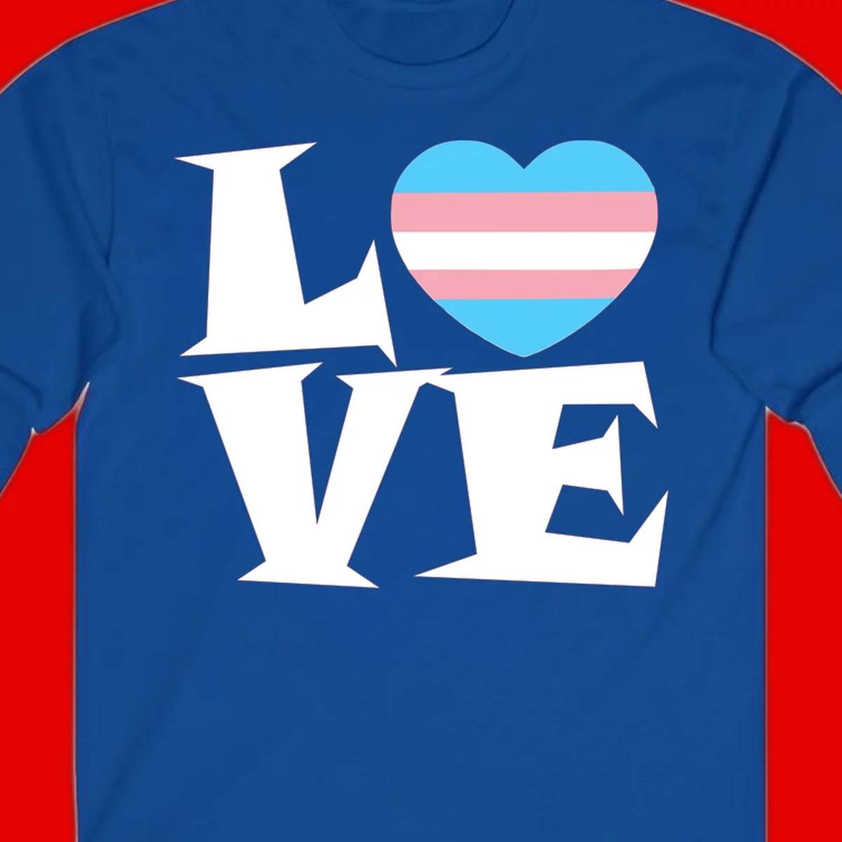 Trans pride heart with cyan, pink, and white stripes next to bold 'Love Wins' text on gray background