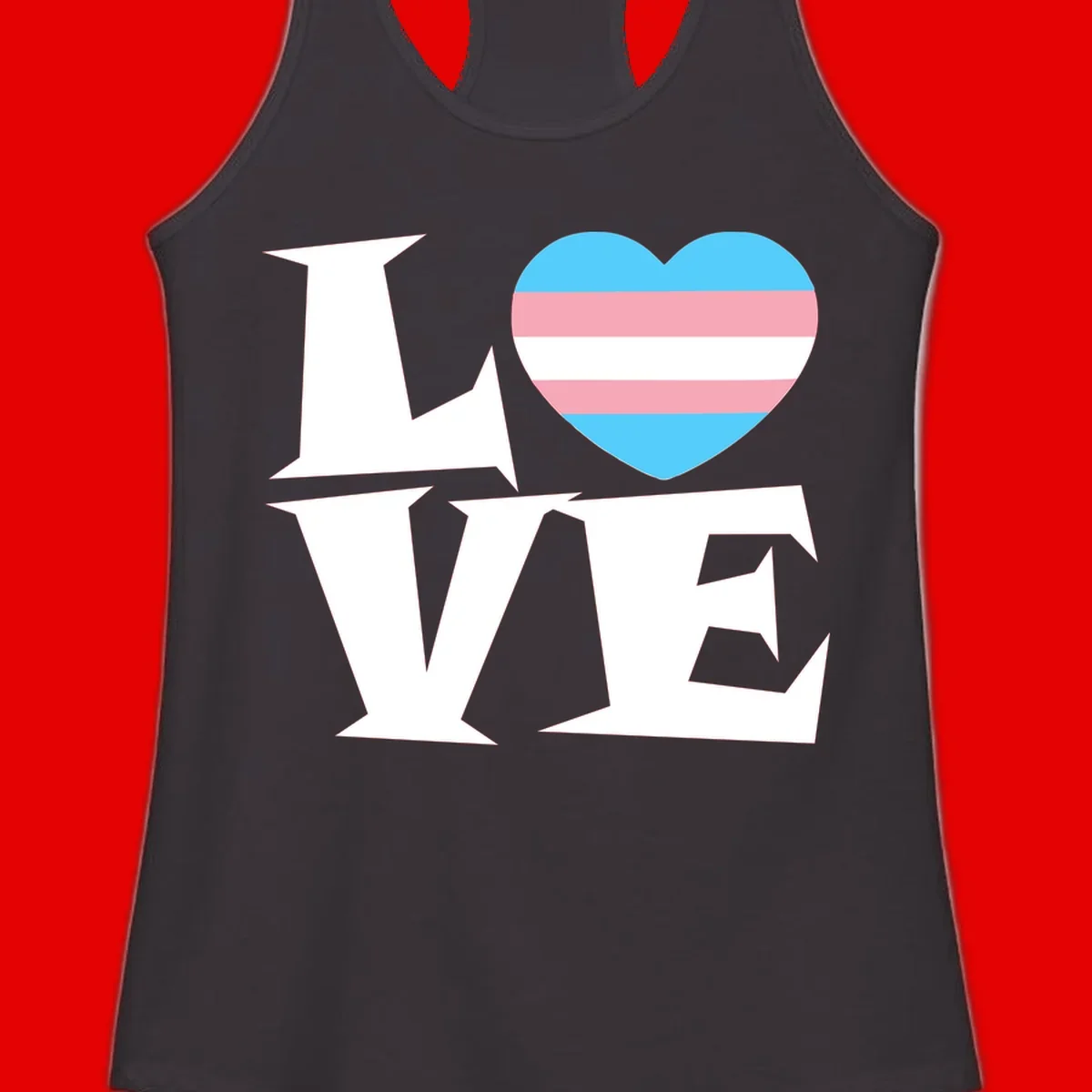 Trans pride heart with cyan, pink, and white stripes next to bold 'Love Wins' text on gray background