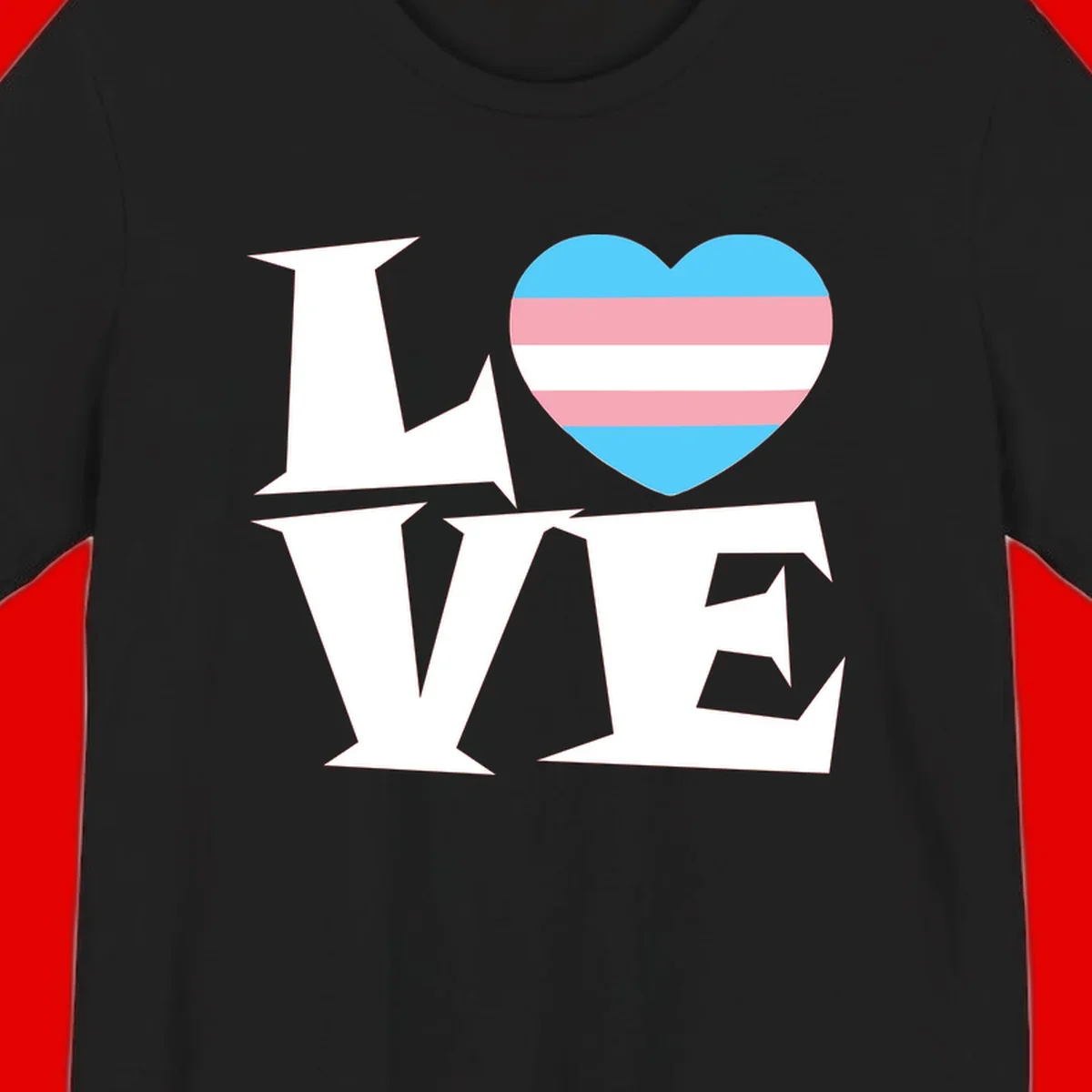 Trans pride heart with cyan, pink, and white stripes next to bold 'Love Wins' text on gray background