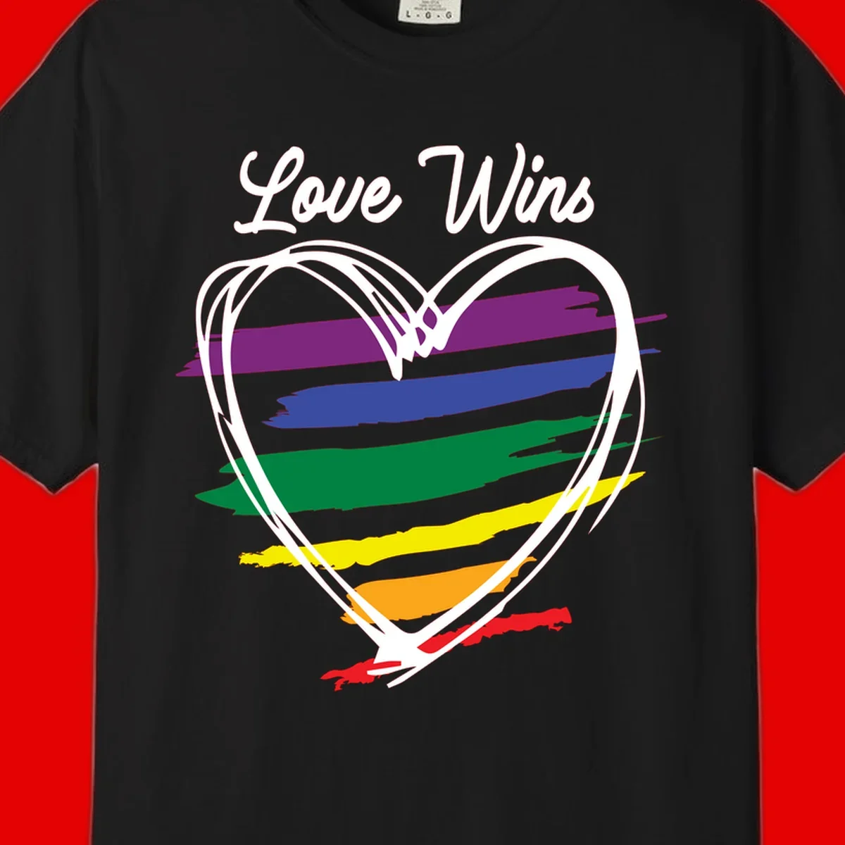 Hand-drawn white heart outline filled with rainbow horizontal stripes in purple, blue, green, yellow, orange, and red with 'Love Wins' text above