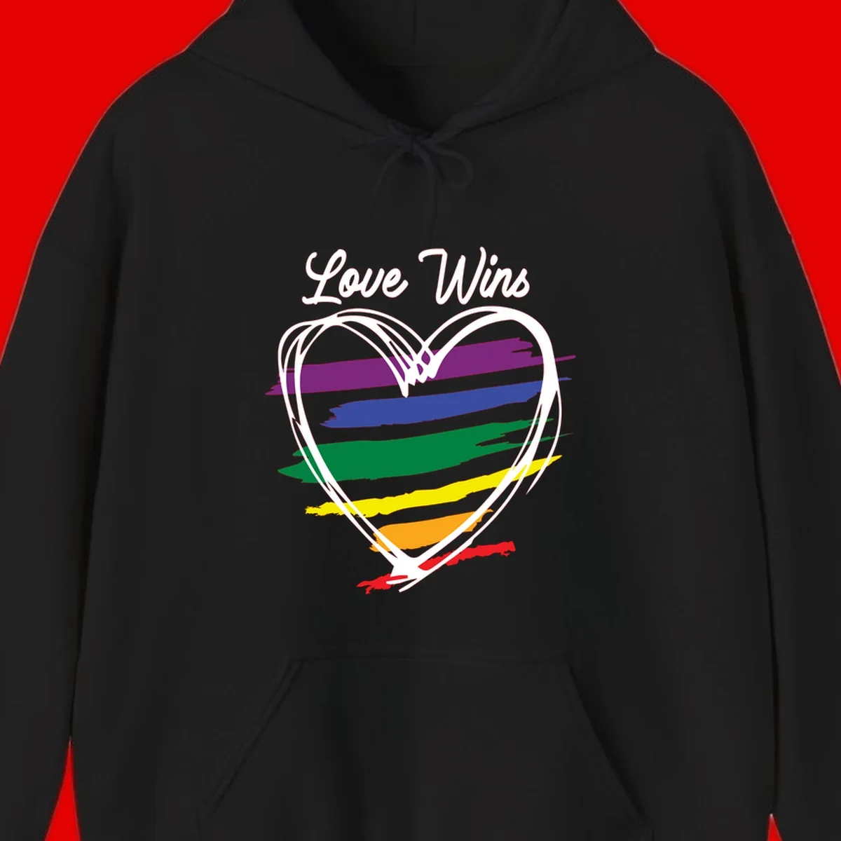 Hand-drawn white heart outline filled with rainbow horizontal stripes in purple, blue, green, yellow, orange, and red with 'Love Wins' text above