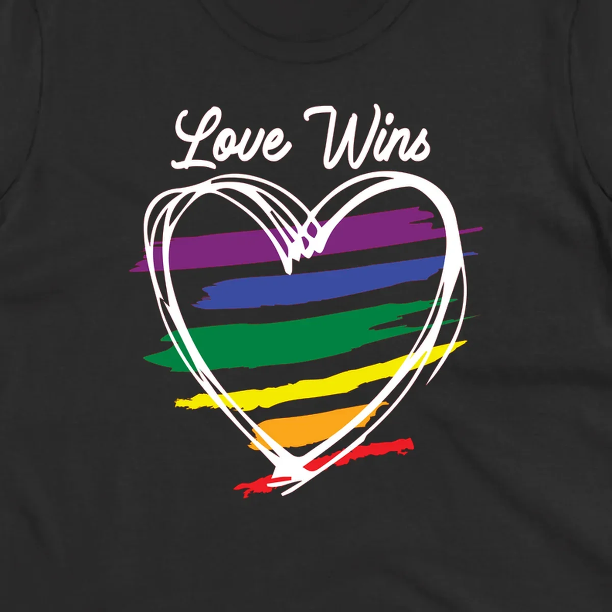 Hand-drawn white heart outline filled with rainbow horizontal stripes in purple, blue, green, yellow, orange, and red with 'Love Wins' text above