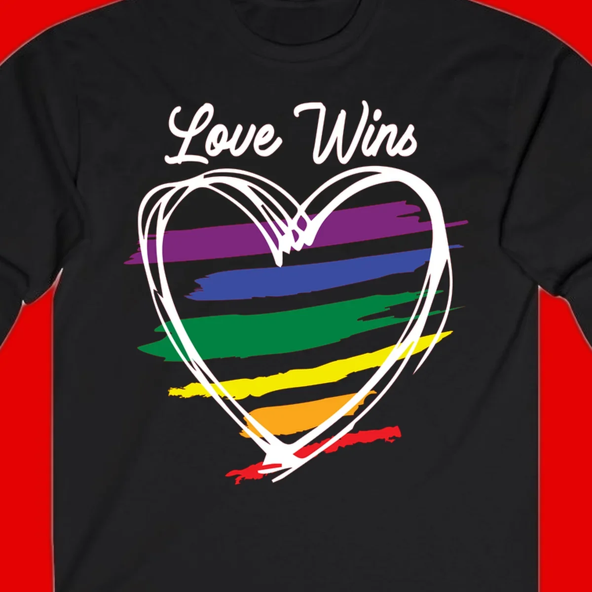Hand-drawn white heart outline filled with rainbow horizontal stripes in purple, blue, green, yellow, orange, and red with 'Love Wins' text above