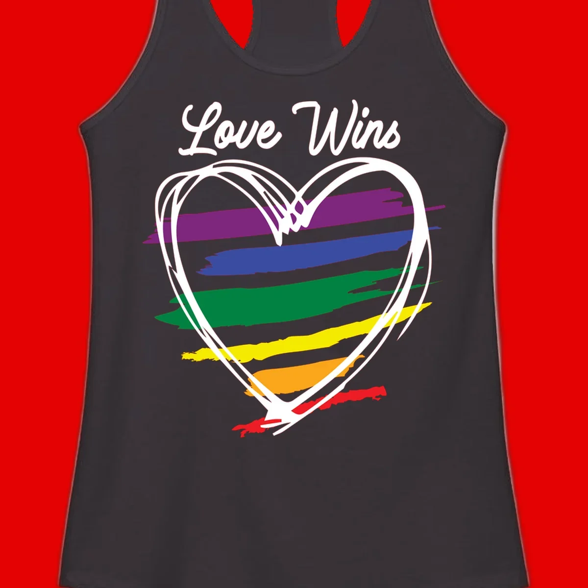 Hand-drawn white heart outline filled with rainbow horizontal stripes in purple, blue, green, yellow, orange, and red with 'Love Wins' text above