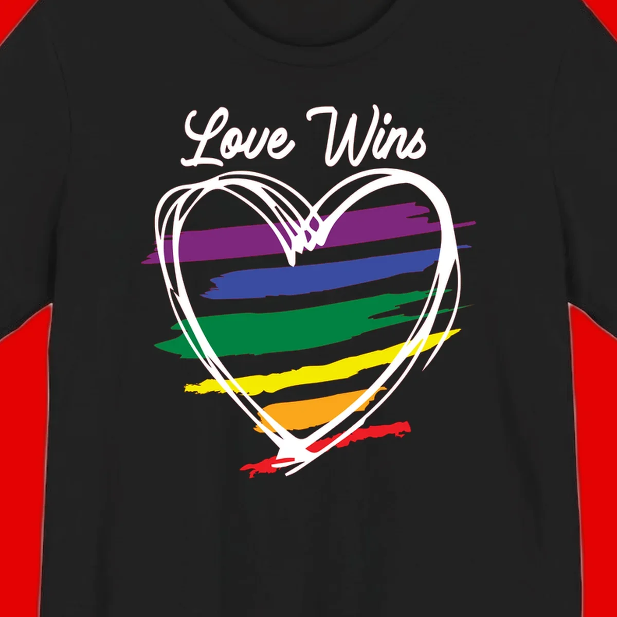 Hand-drawn white heart outline filled with rainbow horizontal stripes in purple, blue, green, yellow, orange, and red with 'Love Wins' text above