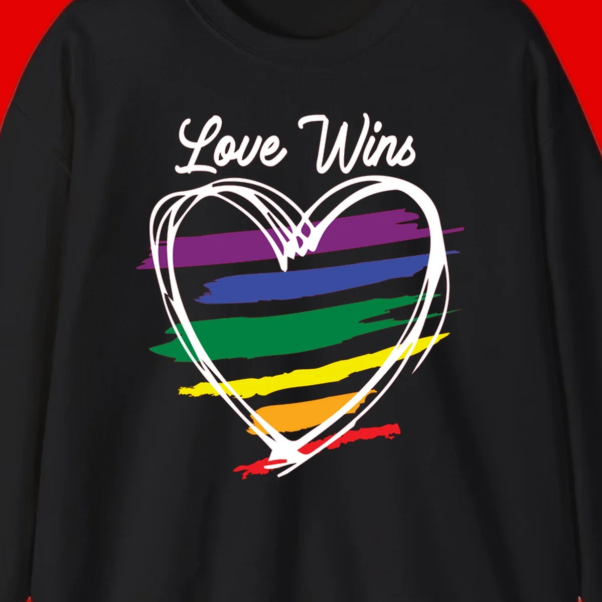 Hand-drawn white heart outline filled with rainbow horizontal stripes in purple, blue, green, yellow, orange, and red with 'Love Wins' text above