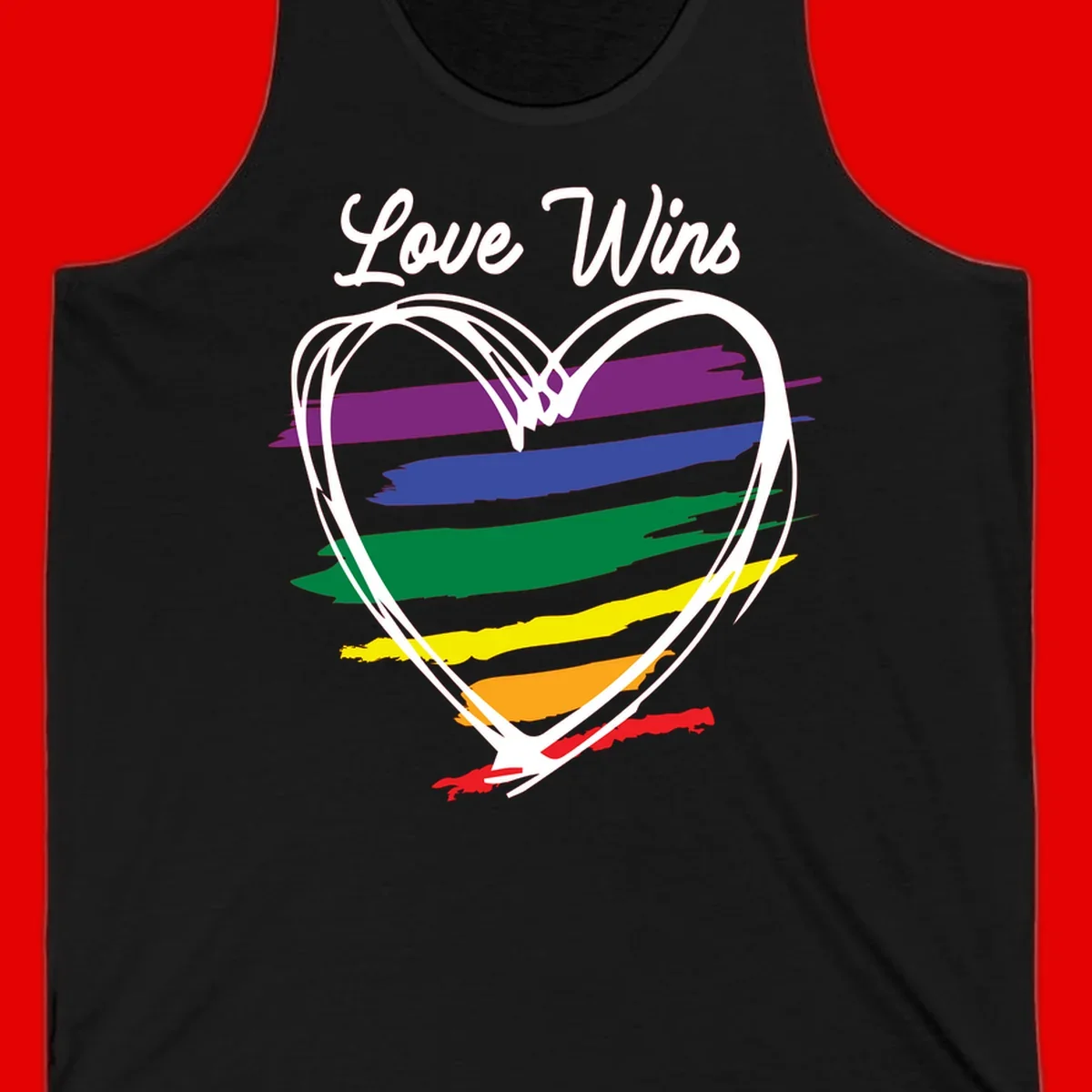 Hand-drawn white heart outline filled with rainbow horizontal stripes in purple, blue, green, yellow, orange, and red with 'Love Wins' text above