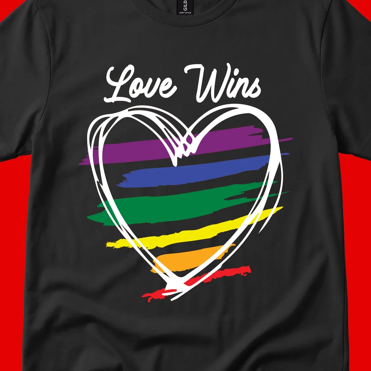 Hand-drawn white heart outline filled with rainbow horizontal stripes in purple, blue, green, yellow, orange, and red with 'Love Wins' text above