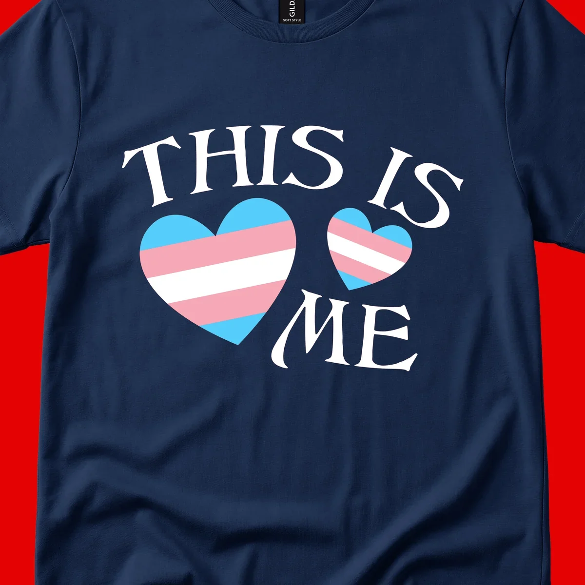 Two striped hearts in trans flag colors (blue, pink, white) with 'THIS IS ME' text celebrating trans pride and identity