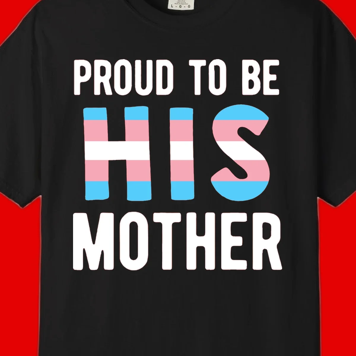 Proud trans mother design with blue, pink, and white striped cylinders and letter S featuring trans pride flag colors