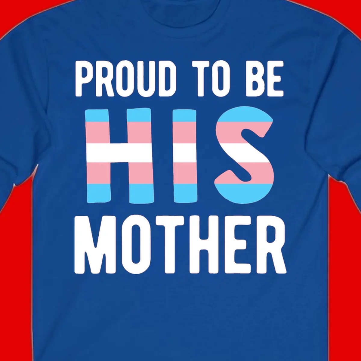 Proud trans mother design with blue, pink, and white striped cylinders and letter S featuring trans pride flag colors