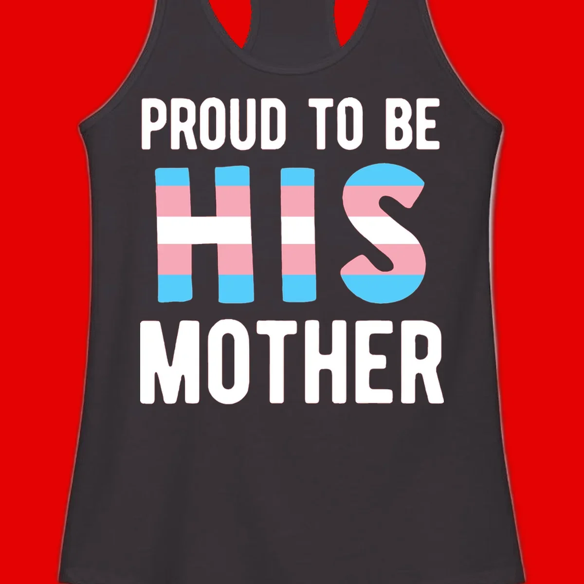 Proud trans mother design with blue, pink, and white striped cylinders and letter S featuring trans pride flag colors