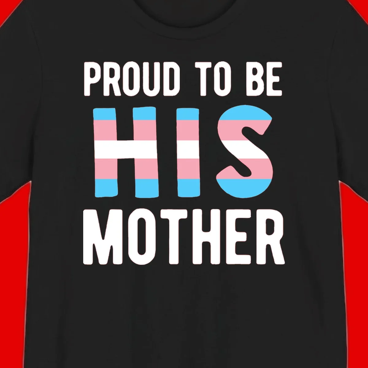 Proud trans mother design with blue, pink, and white striped cylinders and letter S featuring trans pride flag colors